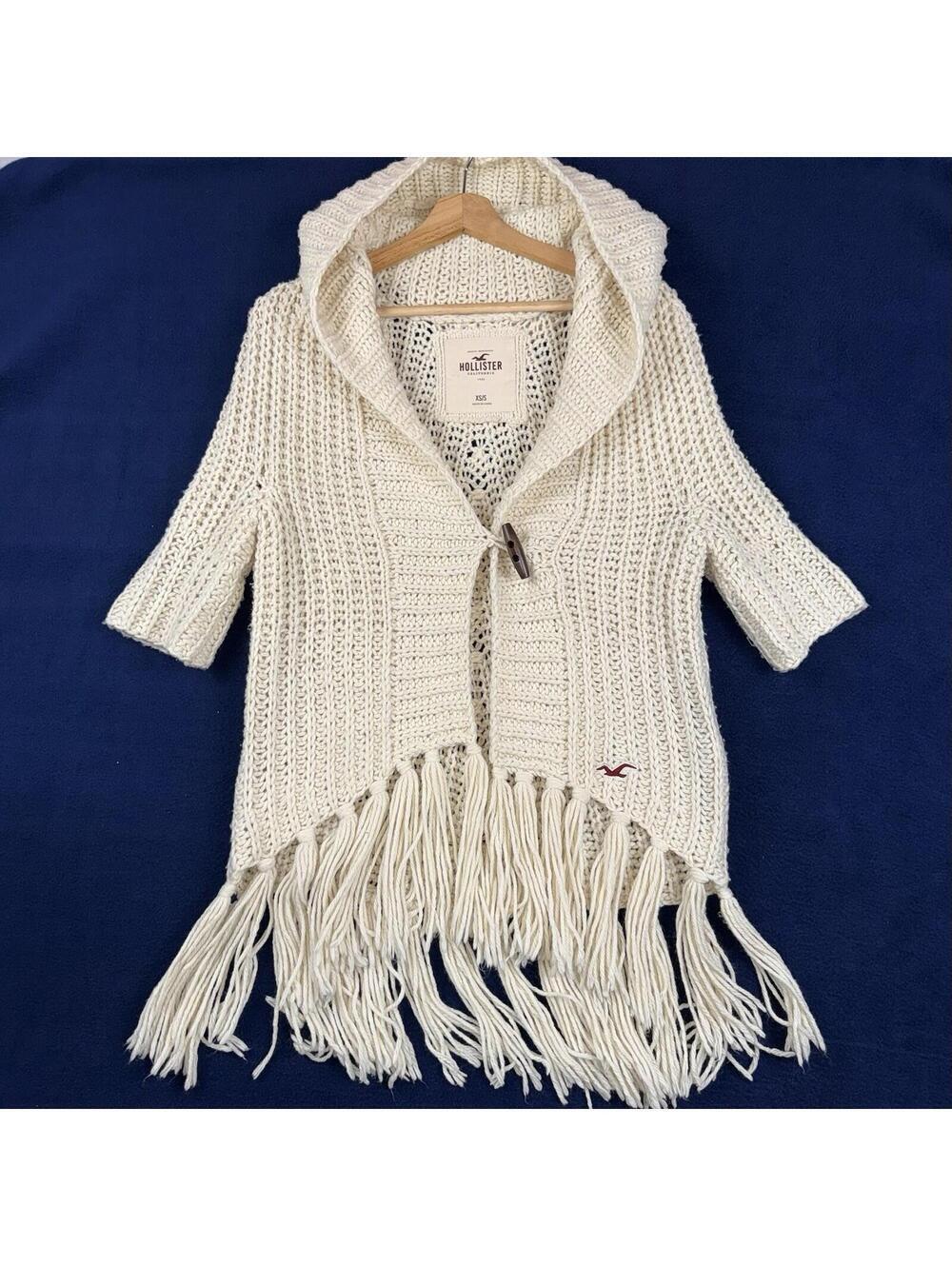 Hollister Chunky Knit Cardigan Hooded Fringe Boho Cream XS/S Cozy Wool Blend Y2K